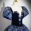 Vintage / Retro Navy Blue Rhinestone Printing Satin Prom Dresses 2024 Ball Gown Square Neckline Puffy Short Sleeve Backless Floor-Length / Long Formal Dresses