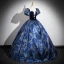 Vintage / Retro Navy Blue Rhinestone Printing Satin Prom Dresses 2024 Ball Gown Square Neckline Puffy Short Sleeve Backless Floor-Length / Long Formal Dresses