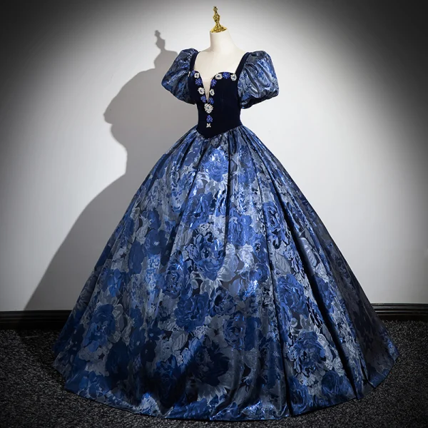Vintage / Retro Navy Blue Rhinestone Printing Satin Prom Dresses 2024 Ball Gown Square Neckline Puffy Short Sleeve Backless Floor-Length / Long Formal Dresses