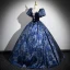 Vintage / Retro Navy Blue Rhinestone Printing Satin Prom Dresses 2024 Ball Gown Square Neckline Puffy Short Sleeve Backless Floor-Length / Long Formal Dresses