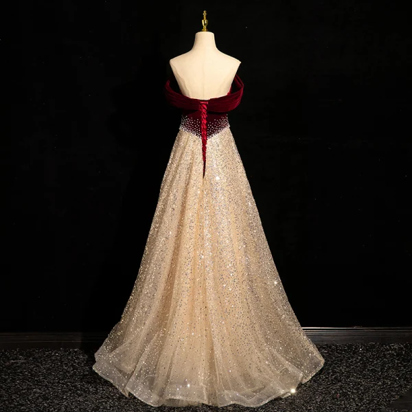 Sparkly Burgundy Beading Pearl Sequins Prom Dresses 2024 A-Line / Princess Off-The-Shoulder Short Sleeve Backless Floor-Length / Long Prom Formal Dresses