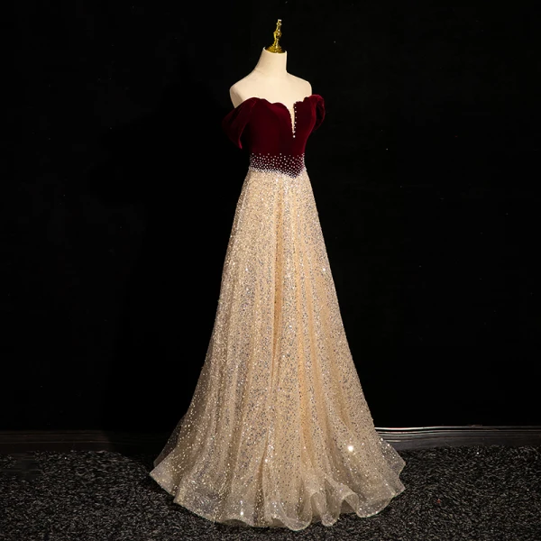Sparkly Burgundy Beading Pearl Sequins Prom Dresses 2024 A-Line / Princess Off-The-Shoulder Short Sleeve Backless Floor-Length / Long Prom Formal Dresses