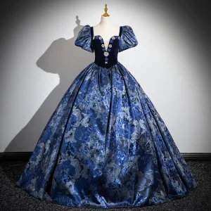 Vintage Retro Navy Blue Rhinestone Printing Satin Prom Dresses 2024 Ball Gown Square Neckline Puffy Short Sleeve Backless Floor Length Long Formal Dresses