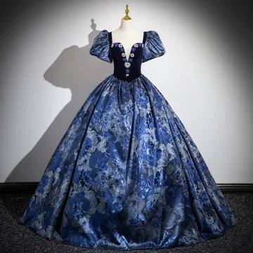 Vintage Retro Navy Blue Rhinestone Printing Satin Prom Dresses 2024 Ball Gown Square Neckline Puffy Short Sleeve Backless Floor Length Long Formal Dresses