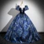 Vintage / Retro Navy Blue Rhinestone Printing Satin Prom Dresses 2024 Ball Gown Square Neckline Puffy Short Sleeve Backless Floor-Length / Long Formal Dresses
