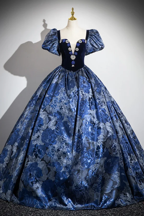 Vintage / Retro Navy Blue Rhinestone Printing Satin Prom Dresses 2024 Ball Gown Square Neckline Puffy Short Sleeve Backless Floor-Length / Long Formal Dresses