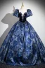 Vintage / Retro Navy Blue Rhinestone Printing Satin Prom Dresses 2024 Ball Gown Square Neckline Puffy Short Sleeve Backless Floor-Length / Long Formal Dresses