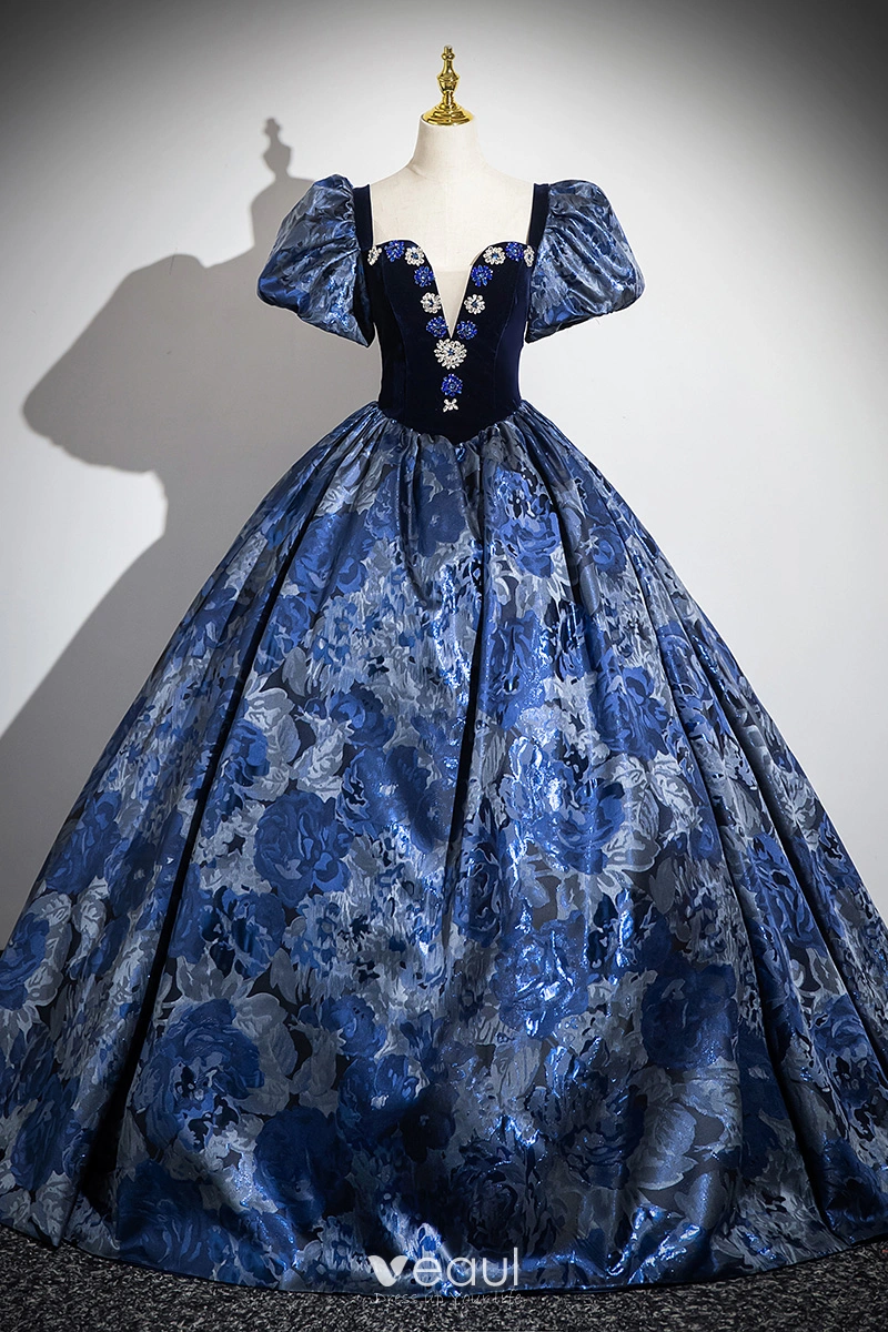 Vintage / Retro Navy Blue Rhinestone Printing Satin Prom Dresses 2024 Ball  Gown Square Neckline Puffy Short Sleeve Backless Floor-Length / Long Formal  Dresses