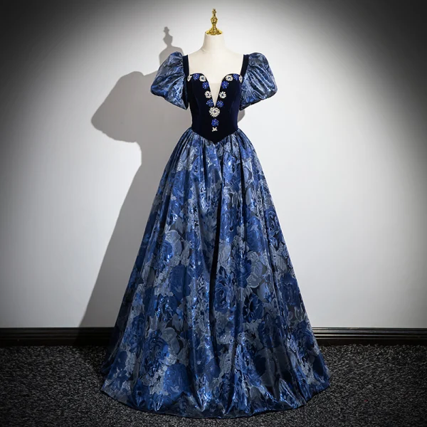Vintage / Retro Navy Blue Rhinestone Printing Satin Prom Dresses 2024 Ball Gown Square Neckline Puffy Short Sleeve Backless Floor-Length / Long Formal Dresses