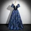 Vintage / Retro Navy Blue Rhinestone Printing Satin Prom Dresses 2024 Ball Gown Square Neckline Puffy Short Sleeve Backless Floor-Length / Long Formal Dresses