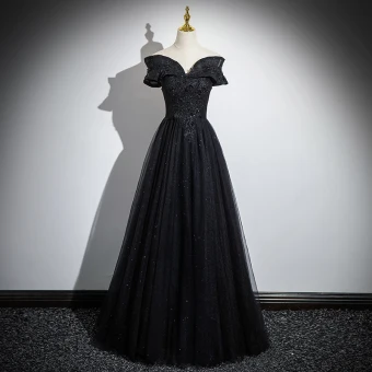 Élégant Noire Perlage Paillettes Robe De Bal 2024 Princesse De L Épaule Manches Courtes Dos Nu Longue Robe De Ceremonie