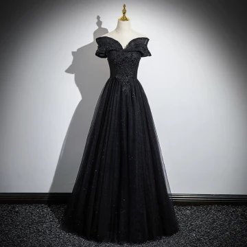 Élégant Noire Perlage Paillettes Robe De Bal 2024 Princesse De L Épaule Manches Courtes Dos Nu Longue Robe De Ceremonie