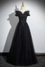 Elegant Black Beading Sequins Prom Dresses 2024 A-Line / Princess Off-The-Shoulder Short Sleeve Backless Floor-Length / Long Formal Dresses