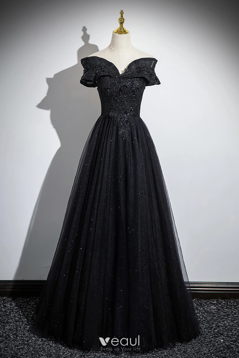 black prom dresses 2024 BABARONI Black Prom Dress with Off the Shoulder Tiered Skirt and Slit
