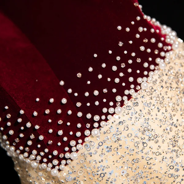 Sparkly Burgundy Beading Pearl Sequins Prom Dresses 2024 A-Line / Princess Off-The-Shoulder Short Sleeve Backless Floor-Length / Long Prom Formal Dresses