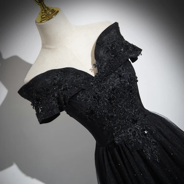 Elegant Black Beading Sequins Prom Dresses 2024 A-Line / Princess Off-The-Shoulder Short Sleeve Backless Floor-Length / Long Formal Dresses