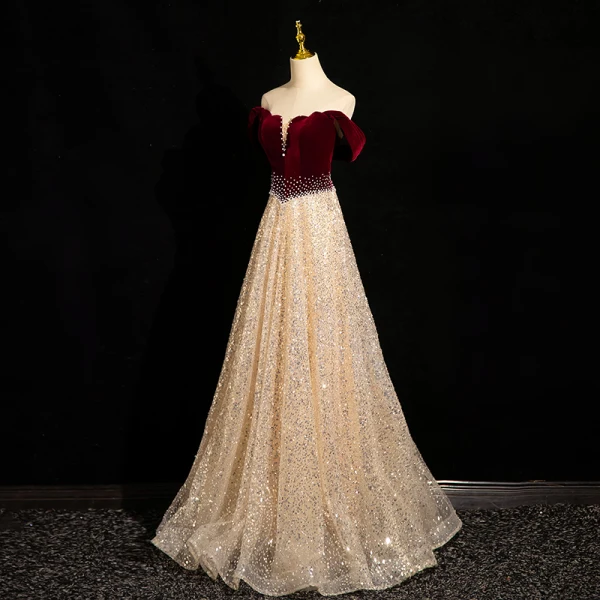 Sparkly Burgundy Beading Pearl Sequins Prom Dresses 2024 A-Line / Princess Off-The-Shoulder Short Sleeve Backless Floor-Length / Long Prom Formal Dresses