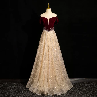 Sparkly Burgundy Beading Pearl Sequins Prom Dresses 2024 A Line Princess Off The Shoulder Short Sleeve Backless Floor Length Long Prom Formal Dresses