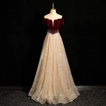 Scintillantes Bordeaux Perlage Perle Paillettes Robe De Bal 2024 Princesse De L Épaule Manches Courtes Dos Nu Longue Promo Robe De Ceremonie