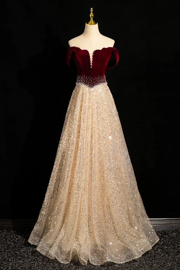 Sparkly Burgundy Beading Pearl Sequins Prom Dresses 2024 A-Line / Princess Off-The-Shoulder Short Sleeve Backless Floor-Length / Long Prom Formal Dresses