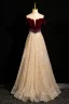 Sparkly Burgundy Beading Pearl Sequins Prom Dresses 2024 A-Line / Princess Off-The-Shoulder Short Sleeve Backless Floor-Length / Long Prom Formal Dresses