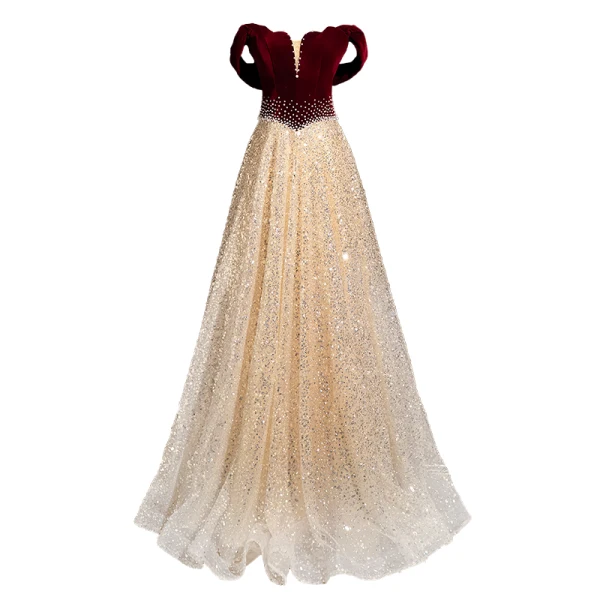 Sparkly Burgundy Beading Pearl Sequins Prom Dresses 2024 A-Line / Princess Off-The-Shoulder Short Sleeve Backless Floor-Length / Long Prom Formal Dresses