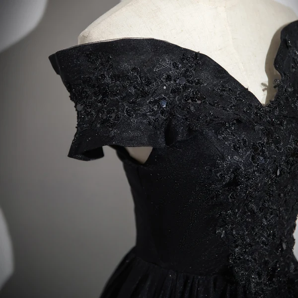 Elegant Black Beading Sequins Prom Dresses 2024 A-Line / Princess Off-The-Shoulder Short Sleeve Backless Floor-Length / Long Formal Dresses