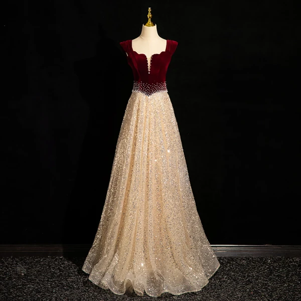 Sparkly Burgundy Beading Pearl Sequins Prom Dresses 2024 A-Line / Princess Off-The-Shoulder Short Sleeve Backless Floor-Length / Long Prom Formal Dresses