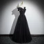 Elegant Black Beading Sequins Prom Dresses 2024 A-Line / Princess Off-The-Shoulder Short Sleeve Backless Floor-Length / Long Formal Dresses