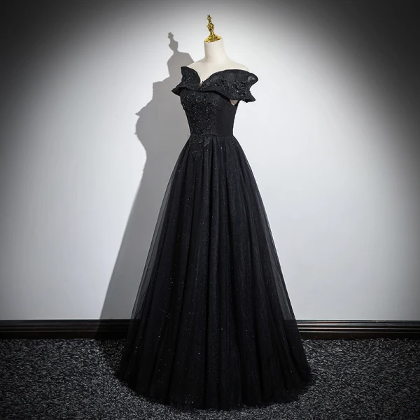 Elegant Black Beading Sequins Prom Dresses 2024 A-Line / Princess Off-The-Shoulder Short Sleeve Backless Floor-Length / Long Formal Dresses