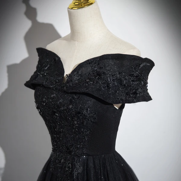 Elegant Black Beading Sequins Prom Dresses 2024 A-Line / Princess Off-The-Shoulder Short Sleeve Backless Floor-Length / Long Formal Dresses