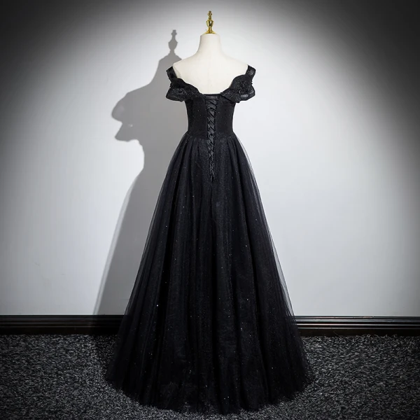 Elegant Black Beading Sequins Prom Dresses 2024 A-Line / Princess Off-The-Shoulder Short Sleeve Backless Floor-Length / Long Formal Dresses