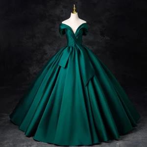 Élégant Vert Foncé Satin Robe De Bal 2024 Robe Boule Bustier Sans Manches Dos Nu Longue Promo Robe De Ceremonie