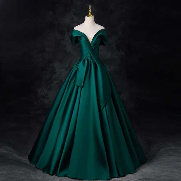 Elegant Dark Green Satin Prom Dresses 2024 Ball Gown Strapless Sleeveless Backless Floor-Length / Long Prom Formal Dresses