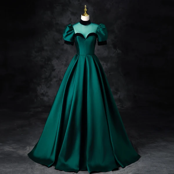 Elegant Dark Green Satin Prom Dresses 2024 Ball Gown High Neck Short Sleeve Backless Floor-Length / Long Prom Formal Dresses
