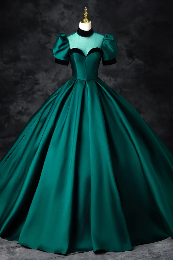 Elegant Dark Green Satin Prom Dresses 2024 Ball Gown High Neck Short Sleeve Backless Elegant Dark Green Satin Prom Dresses 2024 Ball Gown High Neck Short Sleeve Backless
