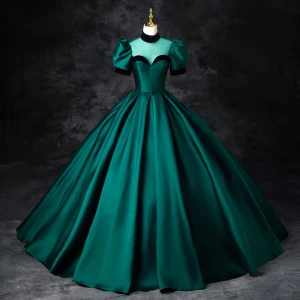 Élégant Vert Foncé Satin Robe De Bal 2024 Robe Boule Col Haut Manches Courtes Dos Nu Longue Promo Robe De Ceremonie