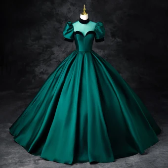 Elegant Dark Green Satin Prom Dresses 2024 Ball Gown High Neck Short Sleeve Backless Floor Length Long Prom Formal Dresses