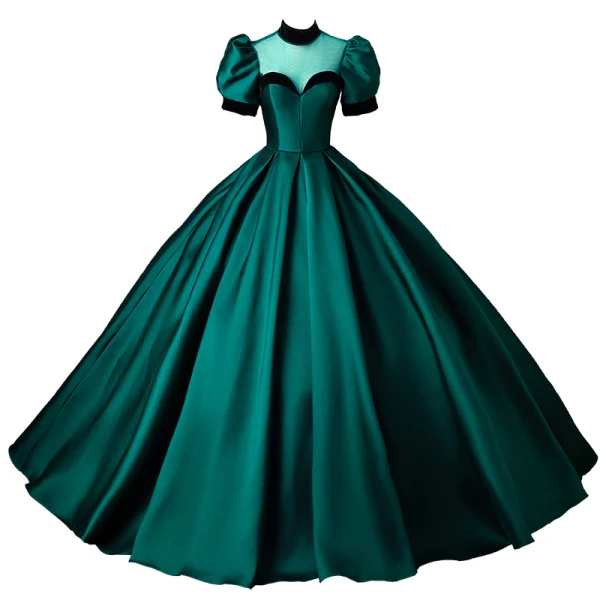 Elegant Dark Green Satin Prom Dresses 2024 Ball Gown High Neck Short Sleeve Backless Floor-Length / Long Prom Formal Dresses