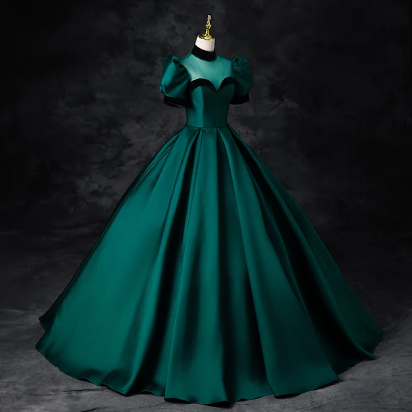 Elegant Dark Green Satin Prom Dresses 2024 Ball Gown High Neck Short Sleeve Backless Floor-Length / Long Prom Formal Dresses