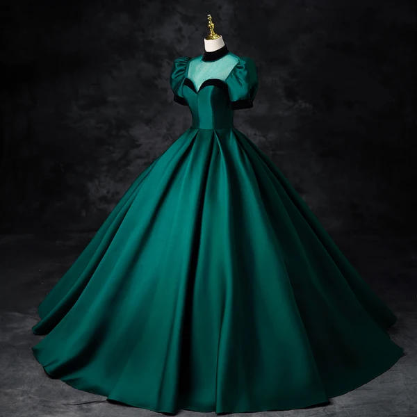 Elegant Dark Green Satin Prom Dresses 2024 Ball Gown High Neck Short Sleeve Backless Floor-Length / Long Prom Formal Dresses