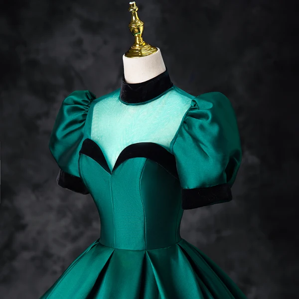 Elegant Dark Green Satin Prom Dresses 2024 Ball Gown High Neck Short Sleeve Backless Floor-Length / Long Prom Formal Dresses