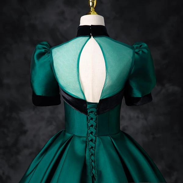 Elegant Dark Green Satin Prom Dresses 2024 Ball Gown High Neck Short Sleeve Backless Floor-Length / Long Prom Formal Dresses