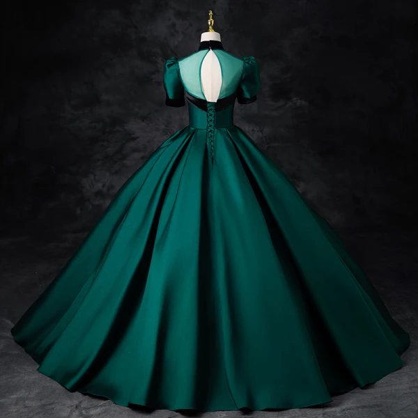 Elegant Dark Green Satin Prom Dresses 2024 Ball Gown High Neck Short Sleeve Backless Floor-Length / Long Prom Formal Dresses