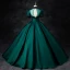 Elegant Dark Green Satin Prom Dresses 2024 Ball Gown High Neck Short Sleeve Backless Floor-Length / Long Prom Formal Dresses