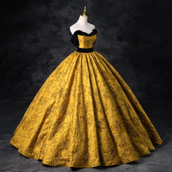 Élégant Noire Doré Impression Robe De Bal 2024 Robe Boule Bustier Sans Manches Dos Nu Longue Promo Robe De Ceremonie