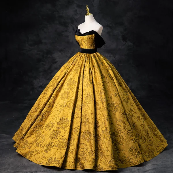 Élégant Noire Doré Impression Robe De Bal 2024 Robe Boule Bustier Sans Manches Dos Nu Longue Promo Robe De Ceremonie