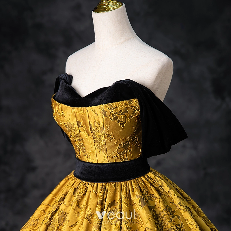 Vintage / Retro Gold Black Printing Ball Gown Corset Backless Floor-Length / Long Prom Formal Y7157 main image 1