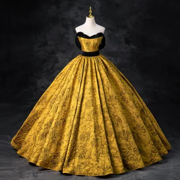 Élégant Noire Doré Impression Robe De Bal 2024 Robe Boule Bustier Sans Manches Dos Nu Longue Promo Robe De Ceremonie