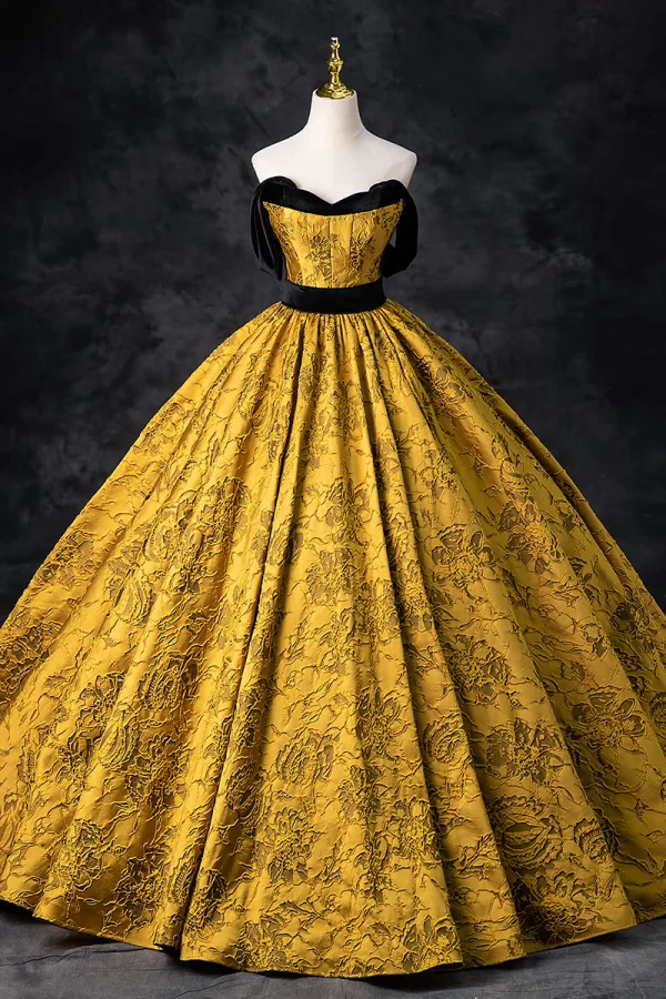 Élégant Noire Doré Impression Robe De Bal 2024 Robe Boule Bustier Sans Manches Dos Nu Longue Promo Robe De Ceremonie